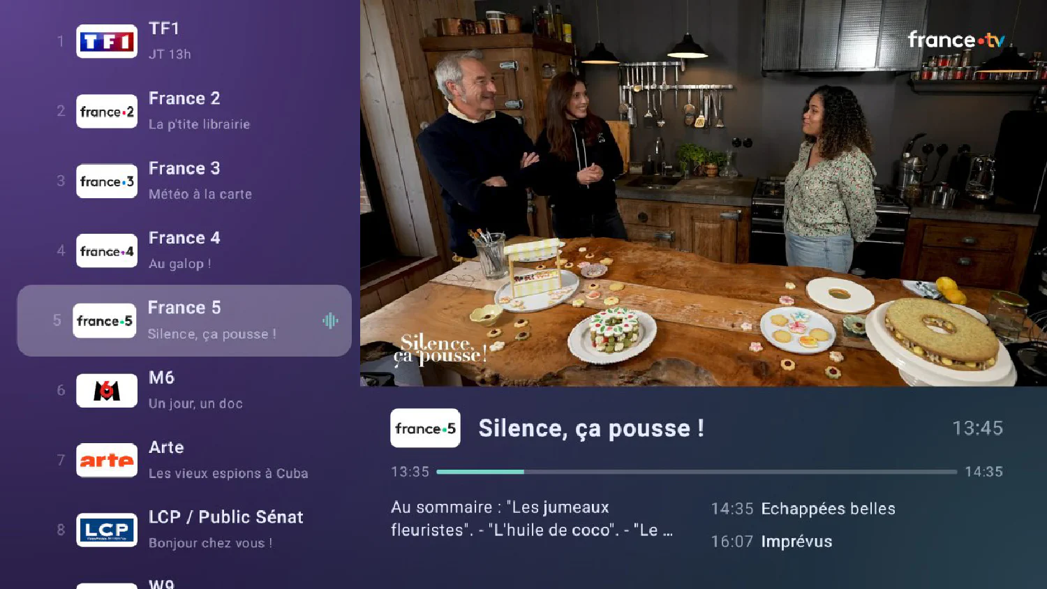 Channel list on Android TV, with the preview and the current programme