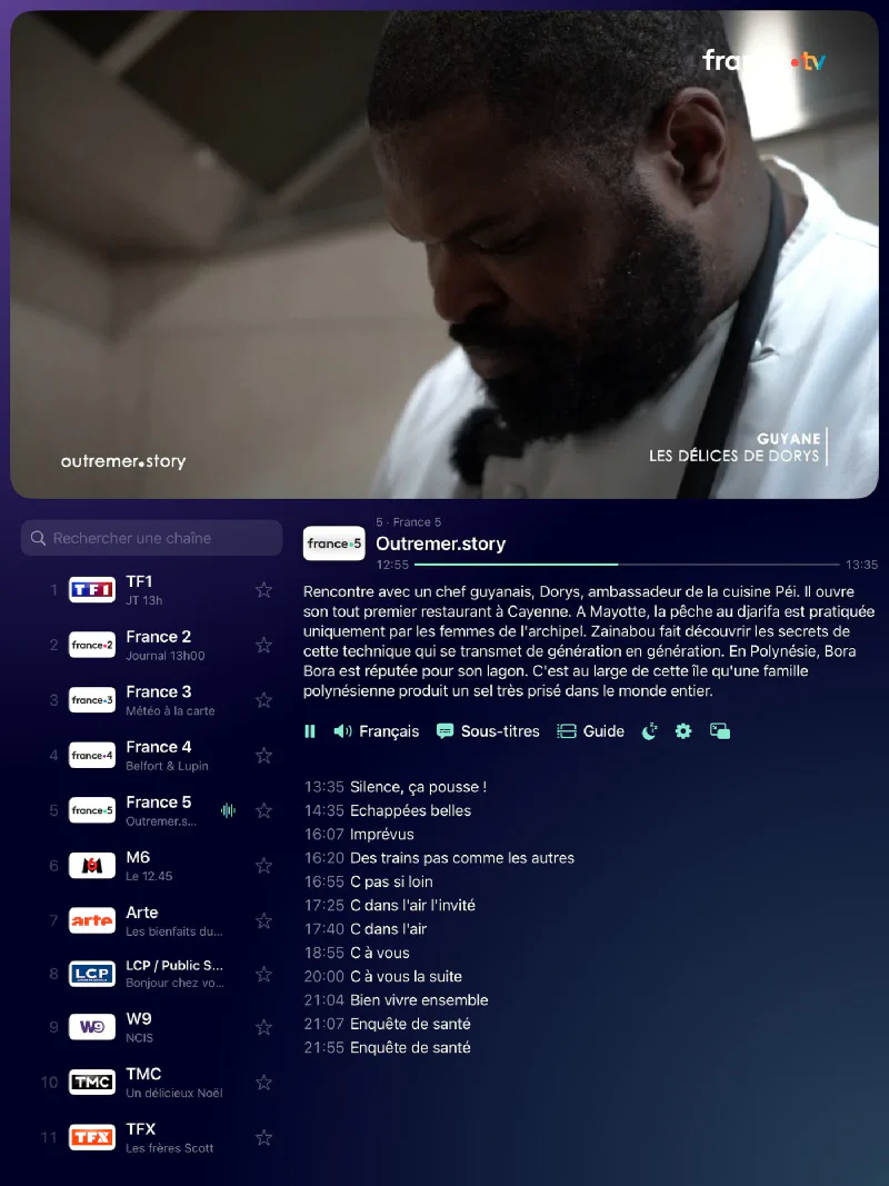 The picture, the channel list and the programme on iPad