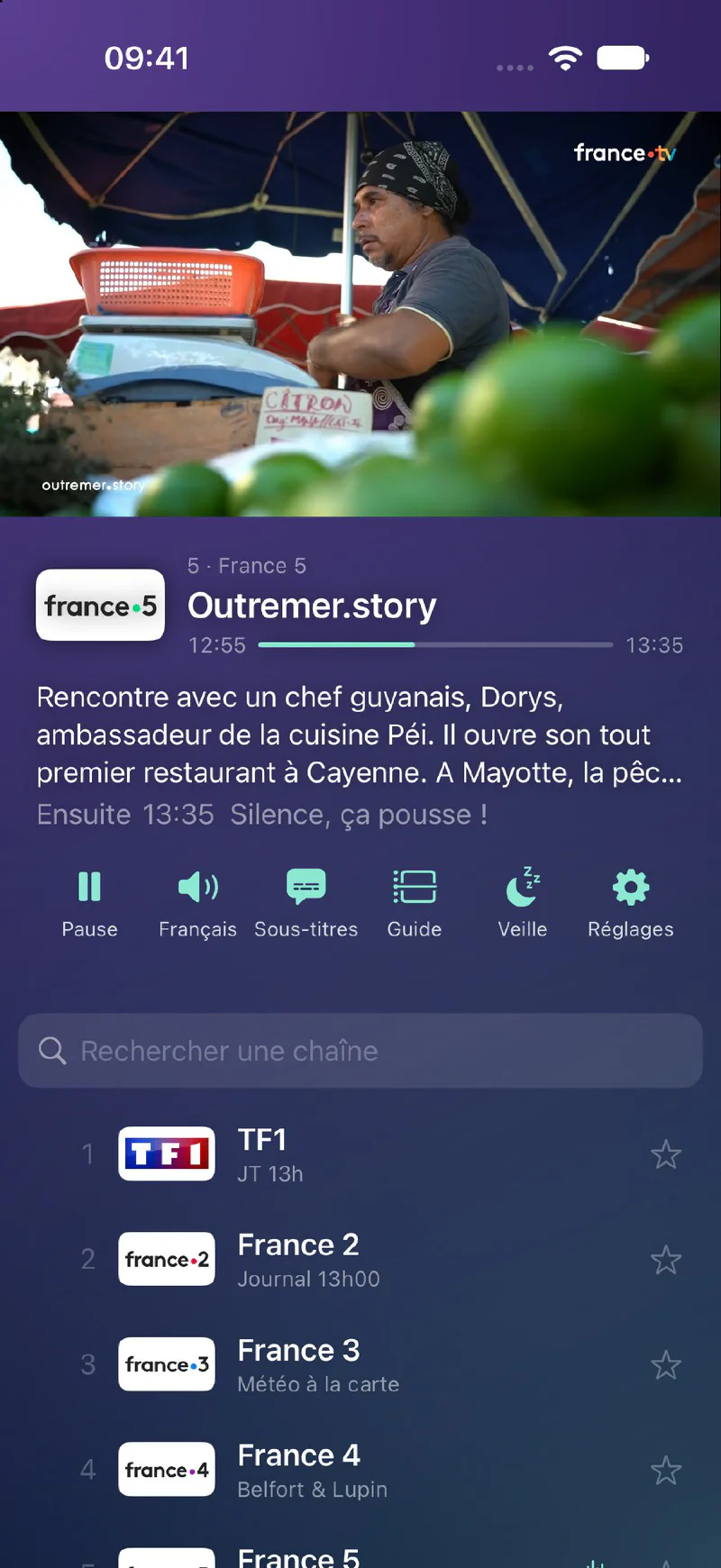 The picture, the programme and the channel list on iPhone