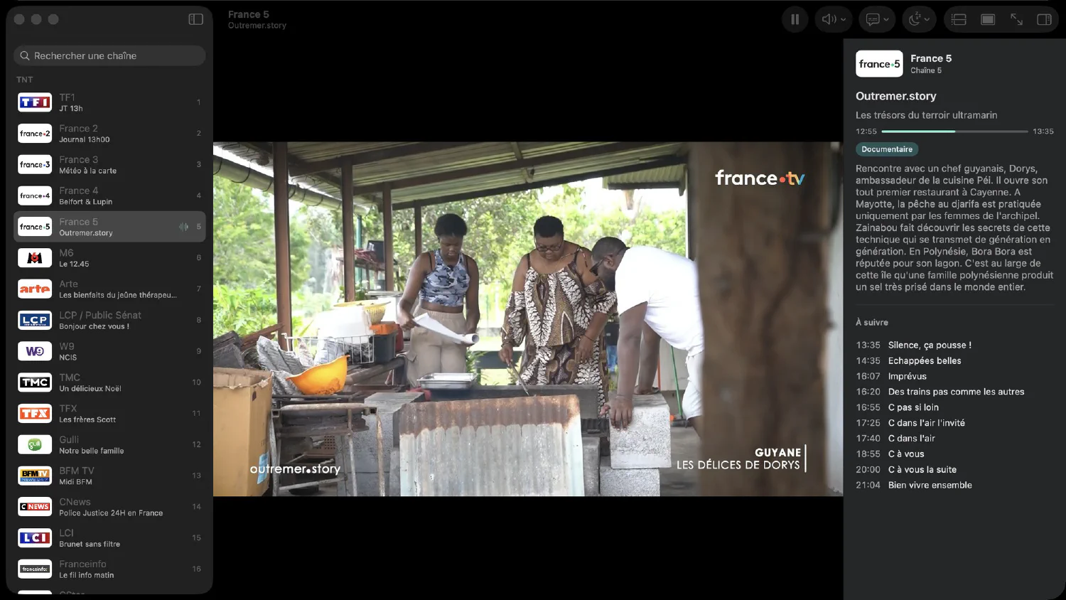 MilkyWan TV window on Mac: channel list, picture and programme panel