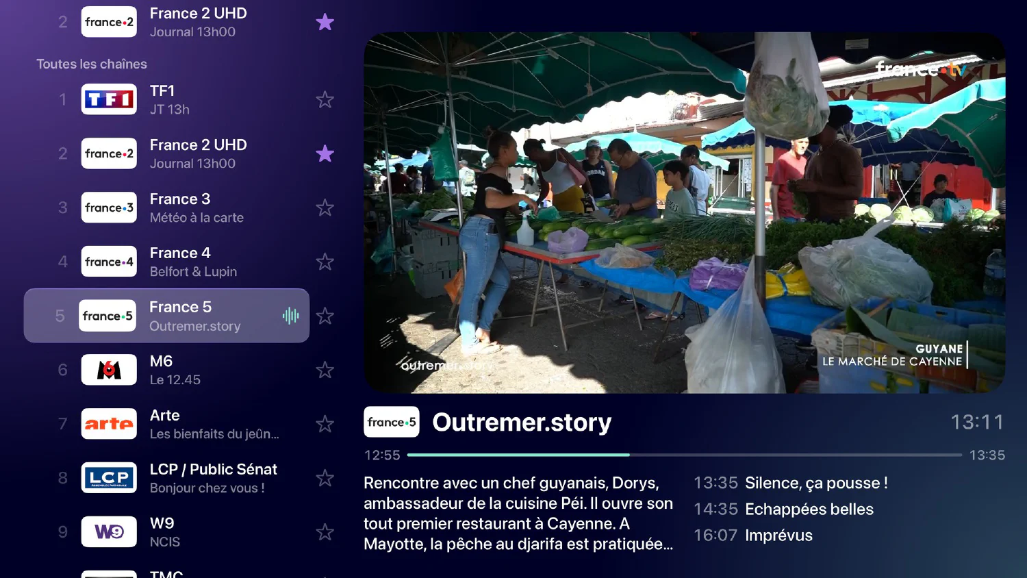 Channel list on Apple TV, with the preview and the current programme