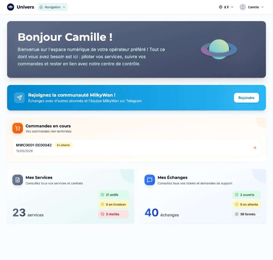 Tableau de bord d'Univers : commandes en cours, services et échanges avec le support