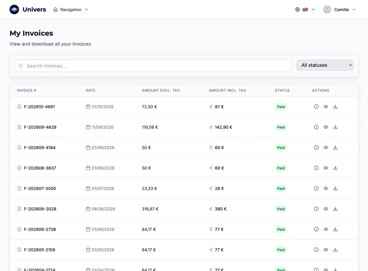 Invoice list in Univers, with amounts excl. and incl. VAT, status and download