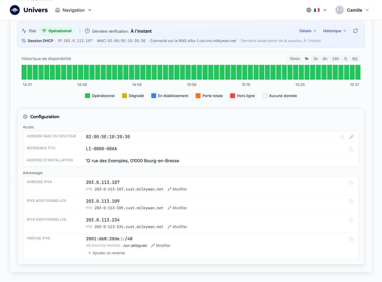 Configuration d'une ligne fibre : adresse MAC du routeur, référence de prise, adresse d'installation, IPv4, préfixe IPv6 et reverse DNS