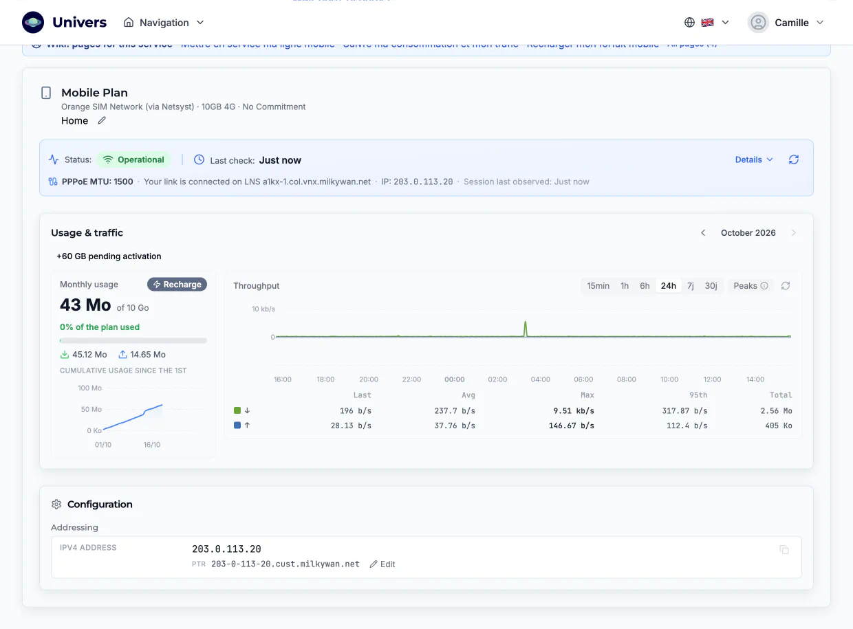 Mobile data page: operational status, monthly usage against the allowance, top-up button, throughput graph