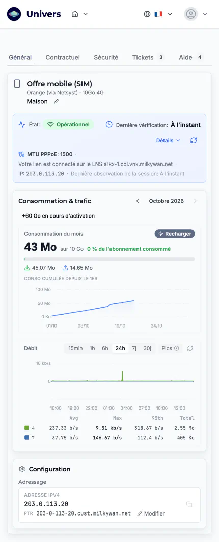 Page du service dans Univers, l’espace abonné, 1/1