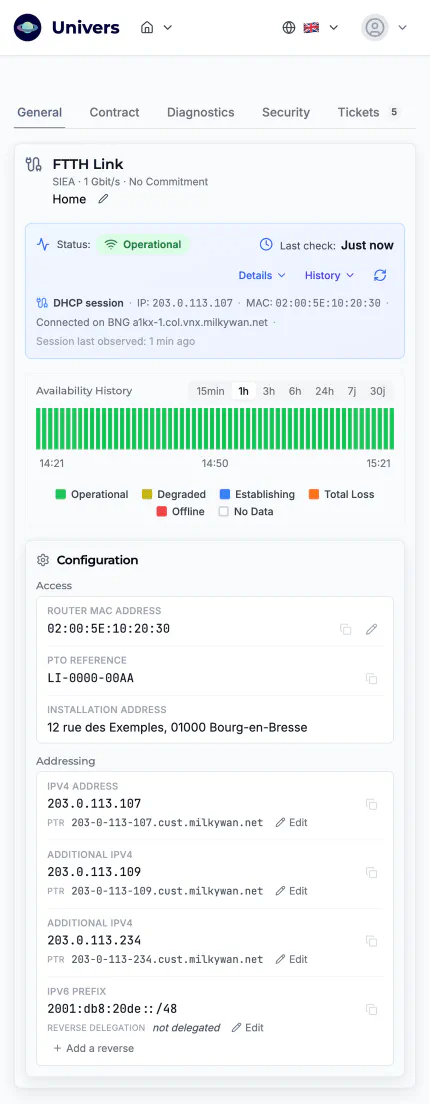 The service page in Univers, the subscriber area (DHCP), 1/1