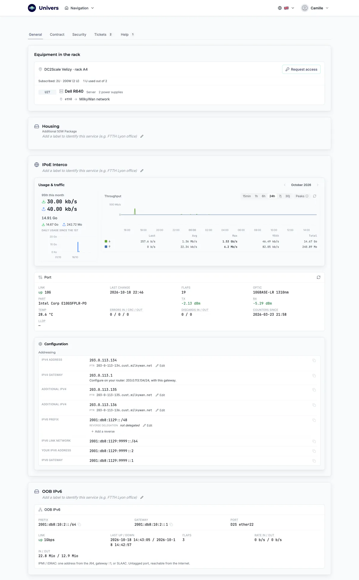 The service page in Univers, the subscriber area, 1/1