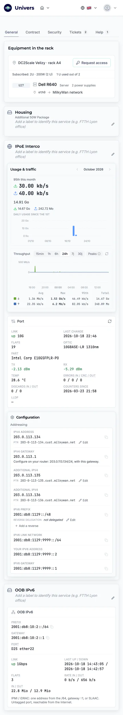 The service page in Univers, the subscriber area, 1/1