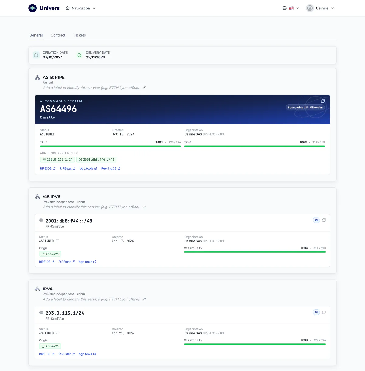 The service page in Univers, the subscriber area, 1/1
