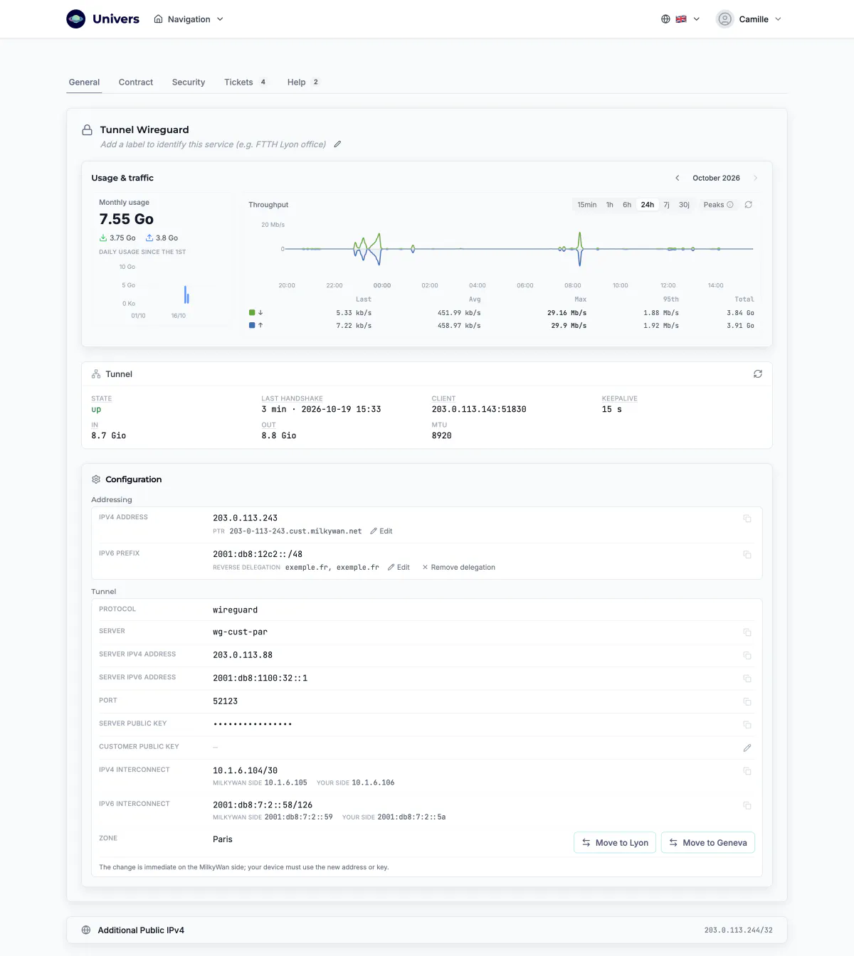 The service page in Univers, the subscriber area, 1/1