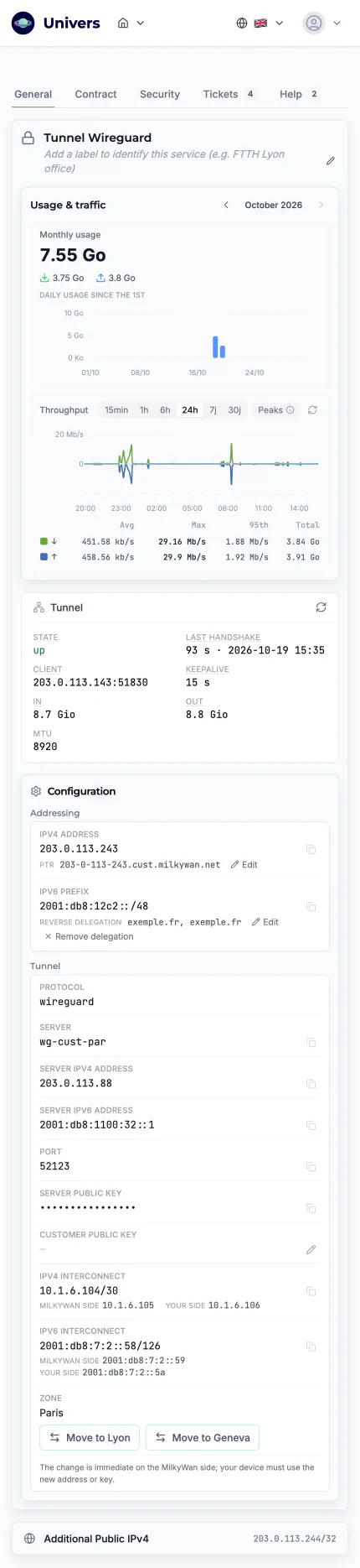 The service page in Univers, the subscriber area, 1/1