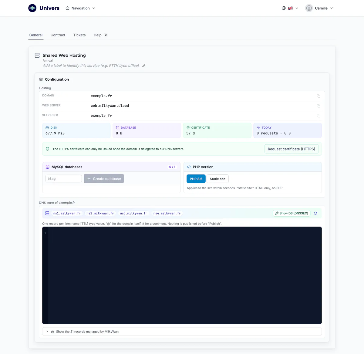 The service page in Univers, the subscriber area, 1/1