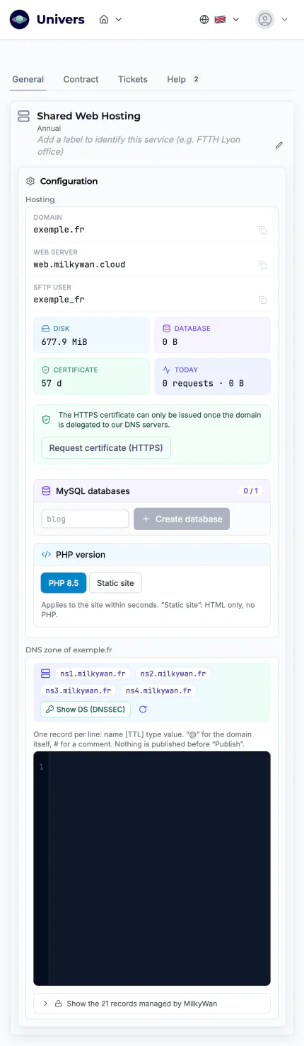 The service page in Univers, the subscriber area, 1/1