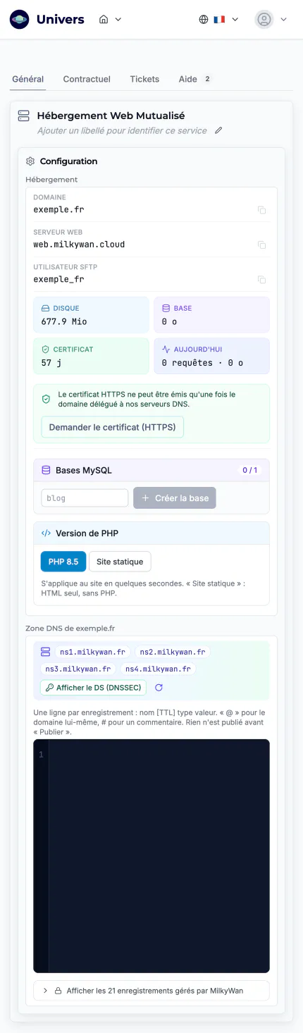 Page du service dans Univers, l’espace abonné, 1/1