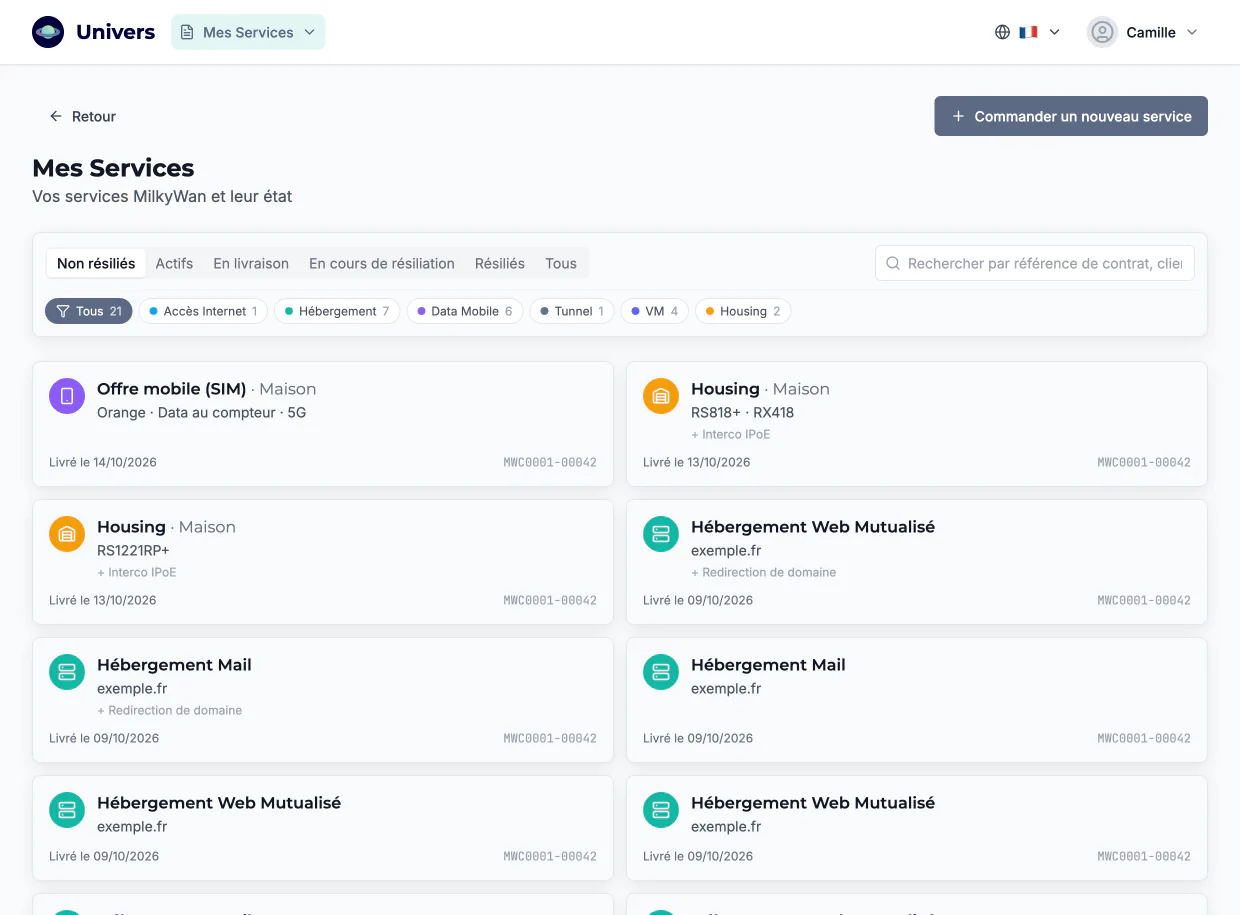 Liste des services dans Univers, avec leur état (actif, en cours de livraison) et leurs dates