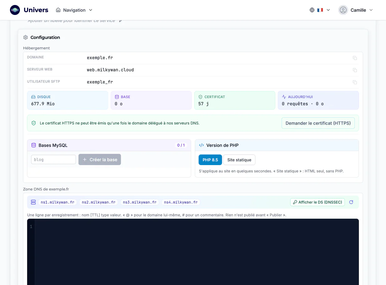 Fiche d'un hébergement web : domaine, serveur web, utilisateur SFTP, création de boîtes mail, certificat HTTPS et DNSSEC, zone DNS
